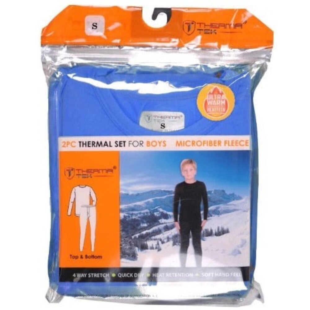 Boys Thermal Underwear Set Microfiber Long John Pants Shirt Baselayer Blue, SM